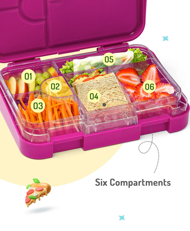 Bonfino Unicorn ABS Bento Lunch Box, BPA Free, Microwave Safe Removable Tray, 6 Adjustable Compartments, Leak Resistant, Lightweight, 22x15.5x5cm, 1.1L, 3 Years+ - Pink
