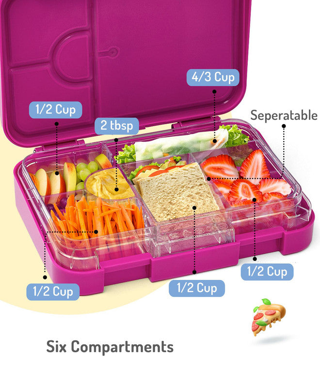 Bonfino Unicorn ABS Bento Lunch Box, BPA Free, Microwave Safe Removable Tray, 6 Adjustable Compartments, Leak Resistant, Lightweight, 22x15.5x5cm, 1.1L, 3 Years+ - Pink
