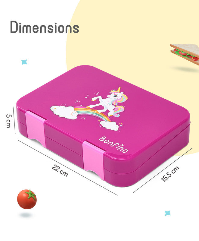 Bonfino Unicorn ABS Bento Lunch Box, BPA Free, Microwave Safe Removable Tray, 6 Adjustable Compartments, Leak Resistant, Lightweight, 22x15.5x5cm, 1.1L, 3 Years+ - Pink