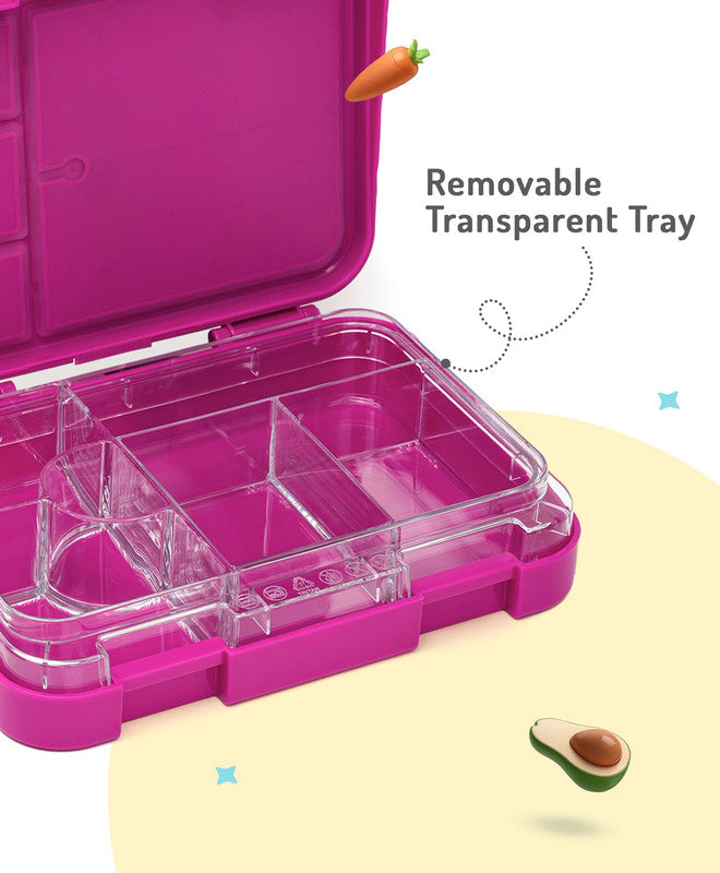 Bonfino Unicorn ABS Bento Lunch Box, BPA Free, Microwave Safe Removable Tray, 6 Adjustable Compartments, Leak Resistant, Lightweight, 22x15.5x5cm, 1.1L, 3 Years+ - Pink