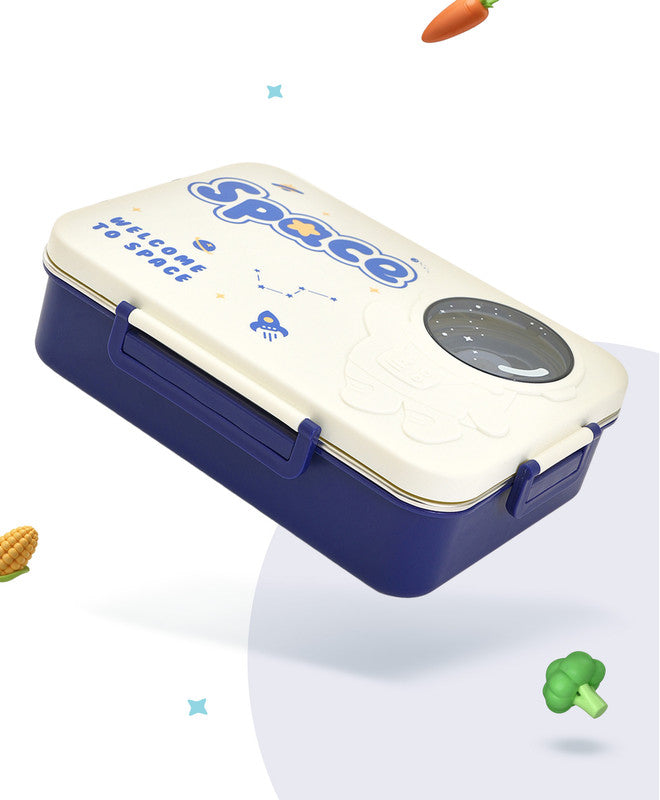 Bonfino Lunch Box, Leak-Resistant Seal, Food-Grade PP and Stainless Steel, Durable,  Space Theme, 3 Years+, 1300 mL, 26.5 x 19.5 x 7.2 cm - White and Blue