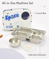 Bonfino Lunch Box, Leak-Resistant Seal, Food-Grade PP and Stainless Steel, Durable,  Space Theme, 3 Years+, 1300 mL, 26.5 x 19.5 x 7.2 cm - White and Blue_2