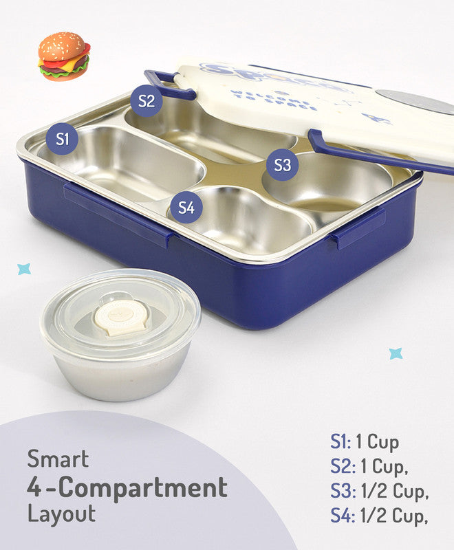 Bonfino Lunch Box, Leak-Resistant Seal, Food-Grade PP and Stainless Steel, Durable,  Space Theme, 3 Years+, 1300 mL, 26.5 x 19.5 x 7.2 cm - White and Blue