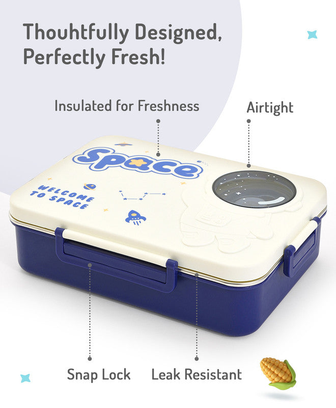 Bonfino Lunch Box, Leak-Resistant Seal, Food-Grade PP and Stainless Steel, Durable,  Space Theme, 3 Years+, 1300 mL, 26.5 x 19.5 x 7.2 cm - White and Blue