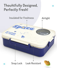 Bonfino Lunch Box, Leak-Resistant Seal, Food-Grade PP and Stainless Steel, Durable,  Space Theme, 3 Years+, 1300 mL, 26.5 x 19.5 x 7.2 cm - White and Blue_4