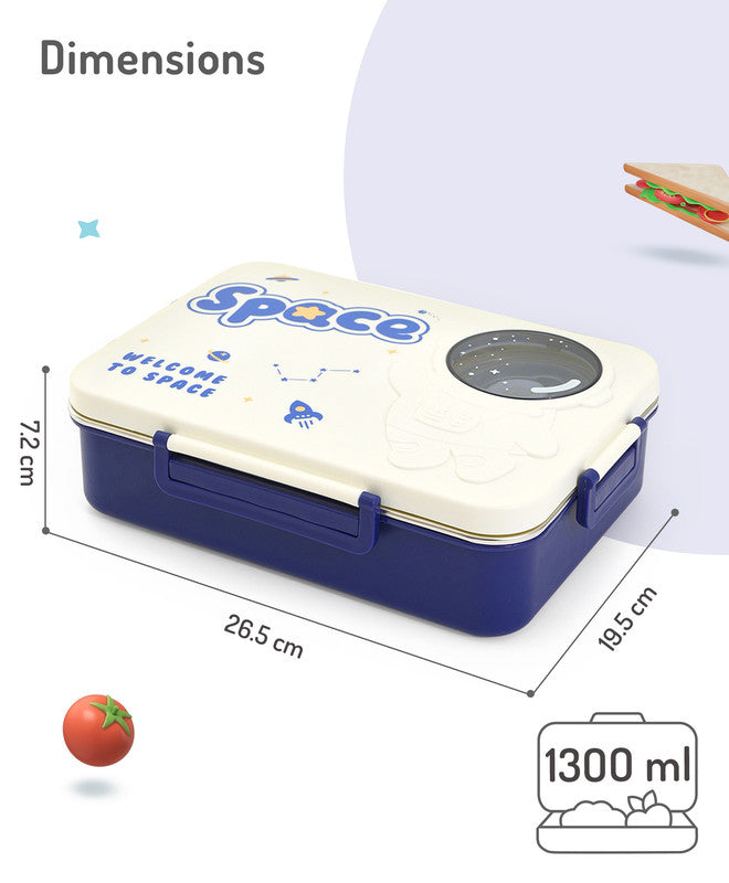 Bonfino Lunch Box, Leak-Resistant Seal, Food-Grade PP and Stainless Steel, Durable,  Space Theme, 3 Years+, 1300 mL, 26.5 x 19.5 x 7.2 cm - White and Blue