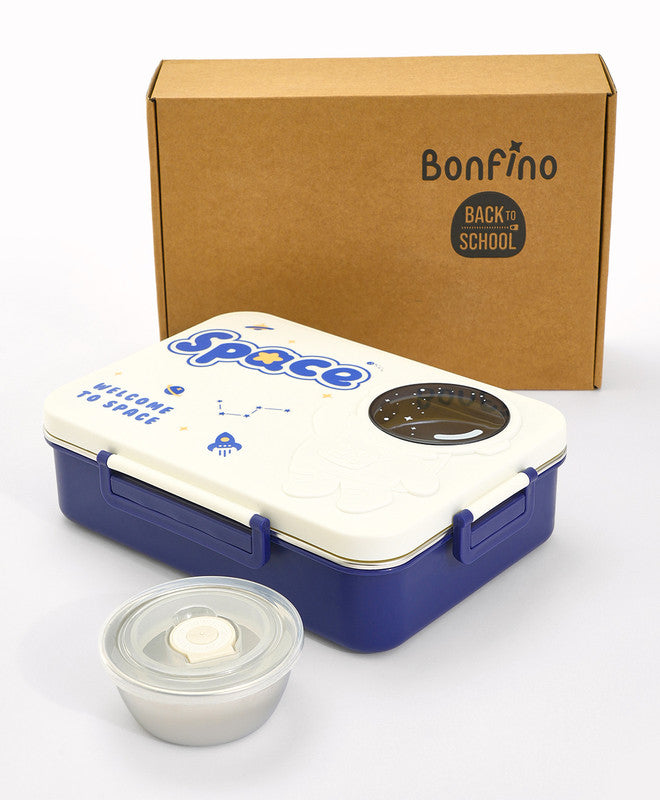 Bonfino Lunch Box, Leak-Resistant Seal, Food-Grade PP and Stainless Steel, Durable,  Space Theme, 3 Years+, 1300 mL, 26.5 x 19.5 x 7.2 cm - White and Blue