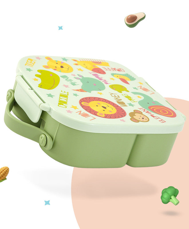 Bonfino Lunch Box, Leak-Resistant Seal, Food-Grade PP and Silicone, Durable, Animal Theme, 3 Years+, 1100 mL, 21.8 x 21.1 x 7.5 cm - Green