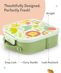 Bonfino Lunch Box, Leak-Resistant Seal, Food-Grade PP and Silicone, Durable, Animal Theme, 3 Years+, 1100 mL, 21.8 x 21.1 x 7.5 cm - Green_4