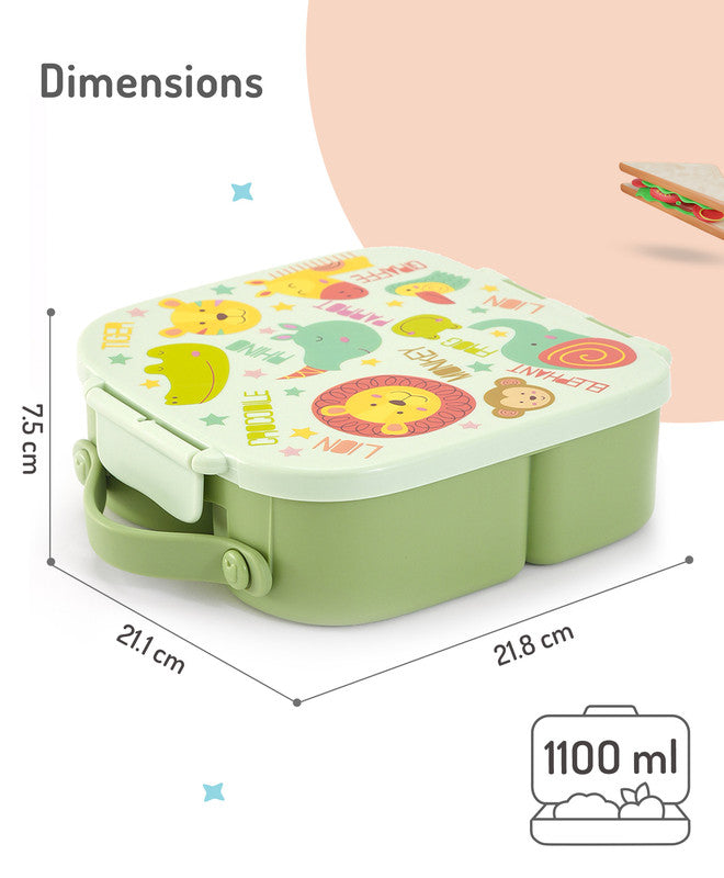 Bonfino Lunch Box, Leak-Resistant Seal, Food-Grade PP and Silicone, Durable, Animal Theme, 3 Years+, 1100 mL, 21.8 x 21.1 x 7.5 cm - Green