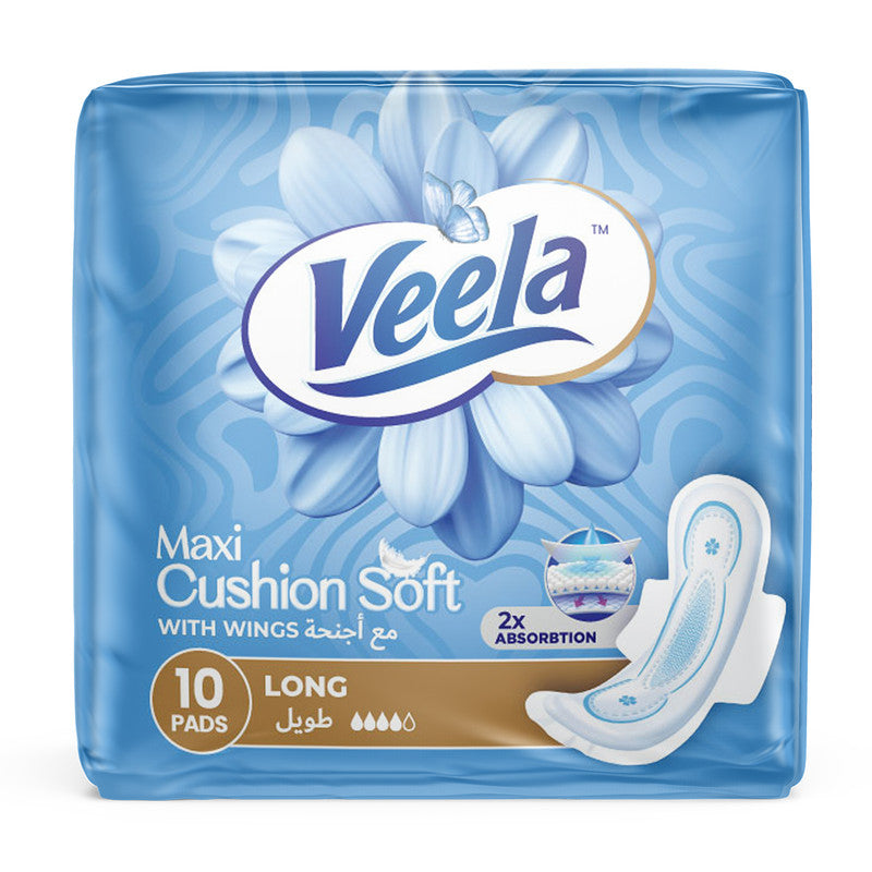 Veela Cushion Soft Maxi Pads for Women - Ultra-Soft, Breathable, and Leak-Proof Sanitary Napkins, Heavy Flow Feminine Hygiene Pads (LONG, 10, count)