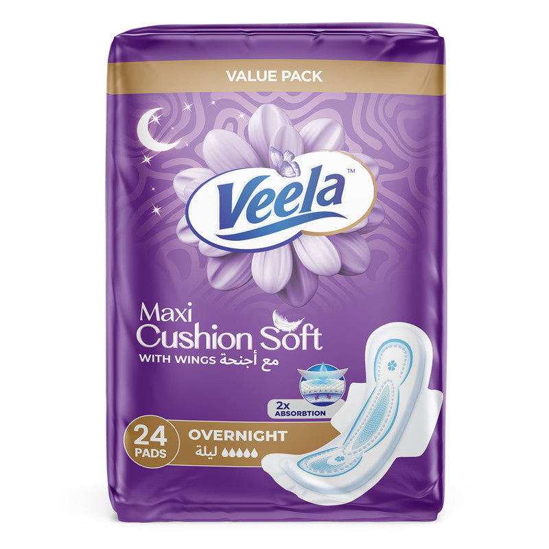 Veela Cushion Soft Maxi Pads for Women - Ultra-Soft, Breathable, and Leak-Proof Sanitary Napkins, Heavy Flow Feminine Hygiene Pads (OVERNIGHT, 24, count)