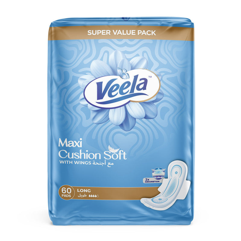Veela Cushion Soft Maxi Pads for Women - Ultra-Soft, Breathable, and Leak-Proof Sanitary Napkins, Heavy Flow Feminine Hygiene Pads| (LONG, 60, count) Value Pack