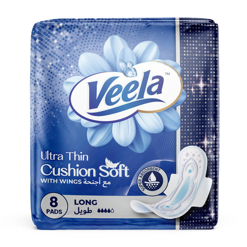 Veela Cushion Soft Ultra Thin Pads for Women - Ultra-Soft, Breathable, and Leak-Proof Sanitary Napkins, Heavy Flow Feminine Hygiene Pads (Long, 8, count)