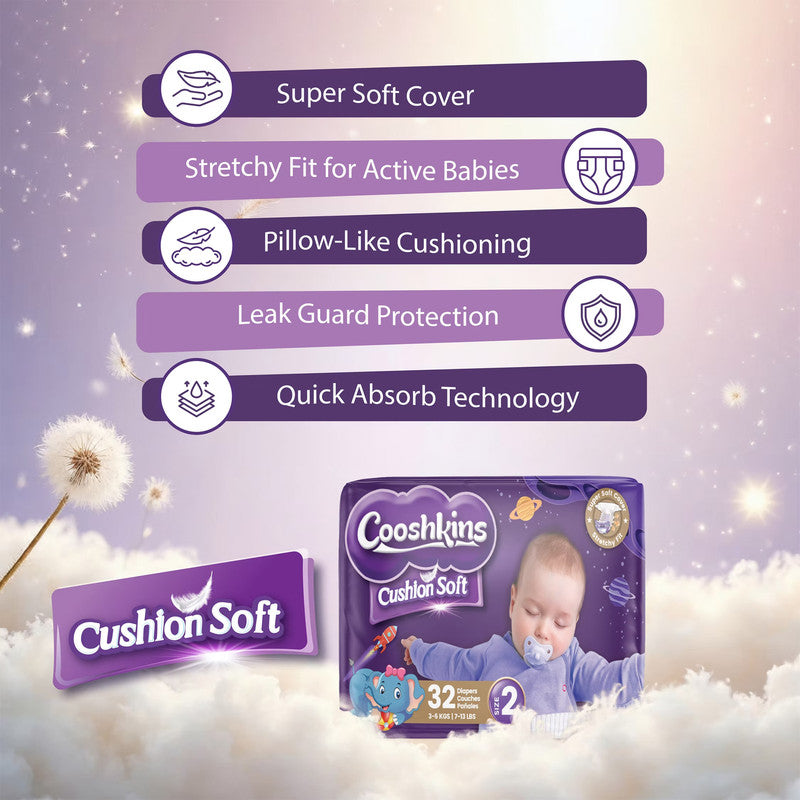 Cushion Soft Baby Diapers Size 2 (32 Count) – Super Soft Cover, Stretchy Fit, Leak Guard, Quick Absorb Core, Hypoallergenic, for 3–6 kg /7–13 lbs Babies