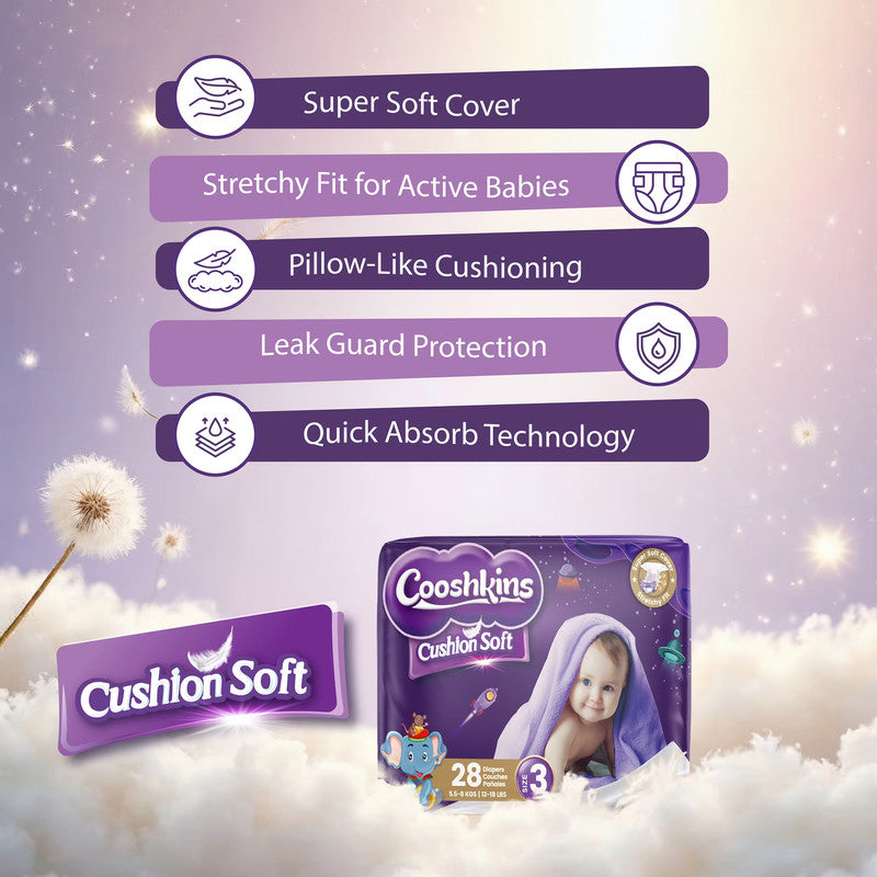 Cushion Soft Baby Diapers Size 3 (28 Count) – Super Soft Cover, Stretchy Fit, Leak Guard, Quick Absorb Core, Hypoallergenic, for 5.5–8 kg / 12–18 lbs Babies