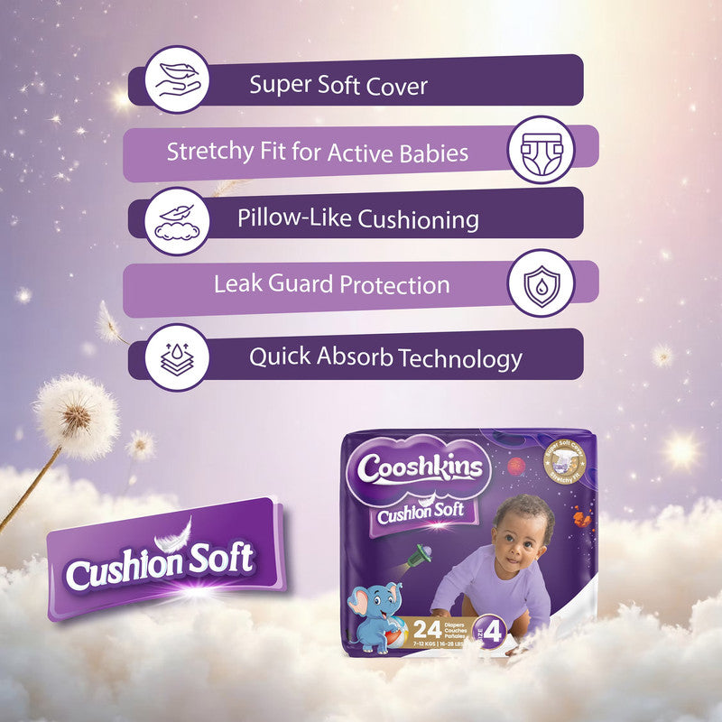 Cushion Soft Baby Diapers Size 4 (24 Count) – Super Soft Cover, Stretchy Fit, Leak Guard, Quick Absorb Core, Hypoallergenic, for 7–12 kg / 16–28 lbs Babies