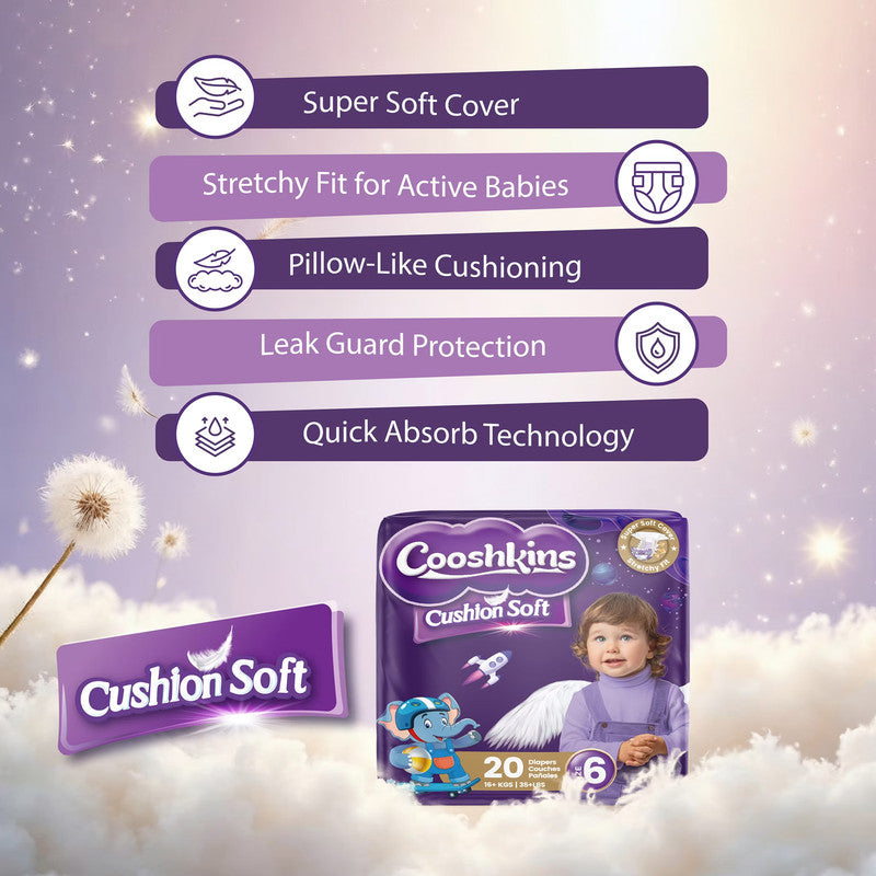 Cushion Soft Baby Diapers Size 6 (20 Count) – Super Soft Cover, Stretchy Fit, Leak Guard, Quick Absorb Core, Hypoallergenic, for 16 kg + / 35+ lbs Babies