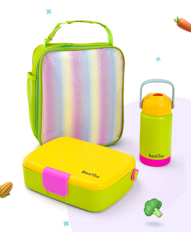 Bonfino Lunch Box with Bottle and Lunch Bag, Leak-Resistant, Multi-Material Build, Durable, 3 Years+, Yellow and Green - 3 Pieces