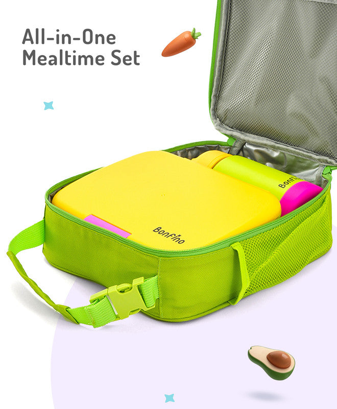 Bonfino Lunch Box with Bottle and Lunch Bag, Leak-Resistant, Multi-Material Build, Durable, 3 Years+, Yellow and Green - 3 Pieces