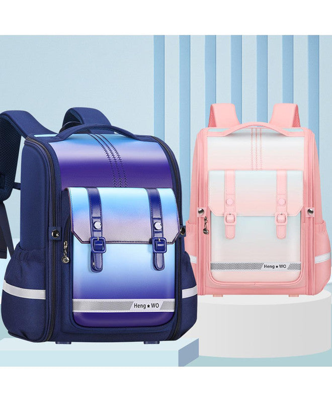 Bonfino School Bag, Night Reflective Light, S-Spine Curve Support, Heat-Dissipating Mesh Back, 6 Years+, Navy Blue - 17 Inches