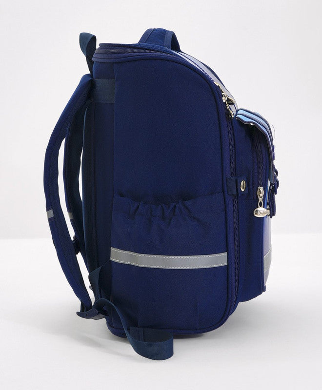 Bonfino School Bag, Night Reflective Light, S-Spine Curve Support, Heat-Dissipating Mesh Back, 6 Years+, Navy Blue - 17 Inches