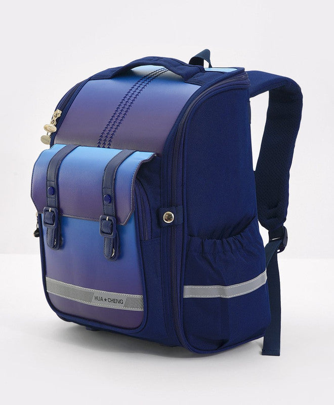 Bonfino School Bag, Night Reflective Light, S-Spine Curve Support, Heat-Dissipating Mesh Back, 6 Years+, Navy Blue - 17 Inches