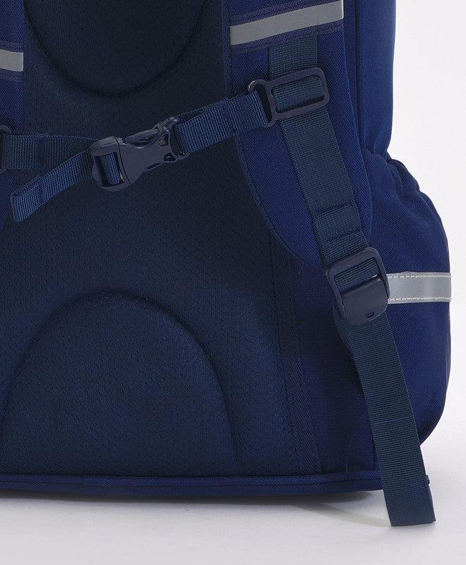 Bonfino School Bag, Night Reflective Light, S-Spine Curve Support, Heat-Dissipating Mesh Back, 6 Years+, Navy Blue - 17 Inches