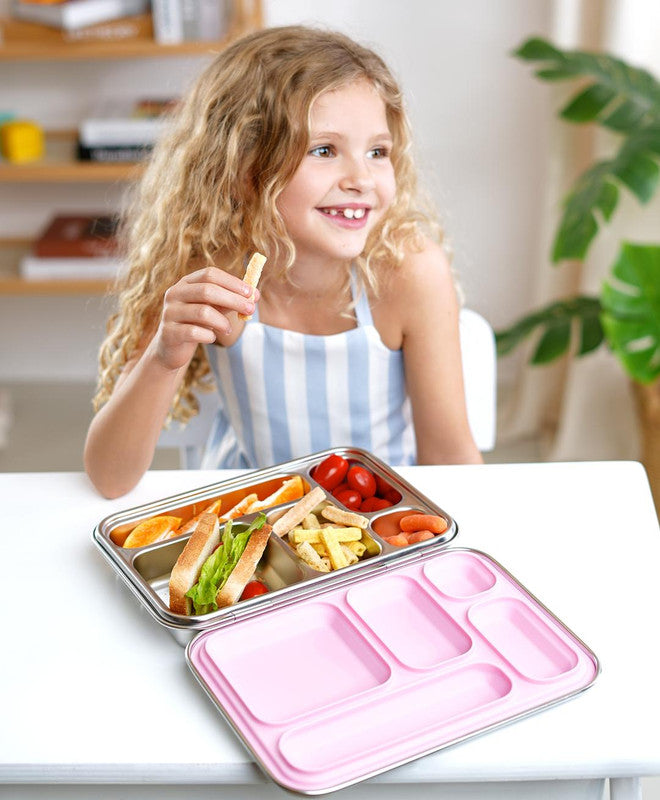 Bonfino Stainless Steel Bento Lunch Box, 5 Compartments, Food Grade, BPA Free, Leak Resistant, 26x18.5x5cm, 895mL, 3 Years+ - Green