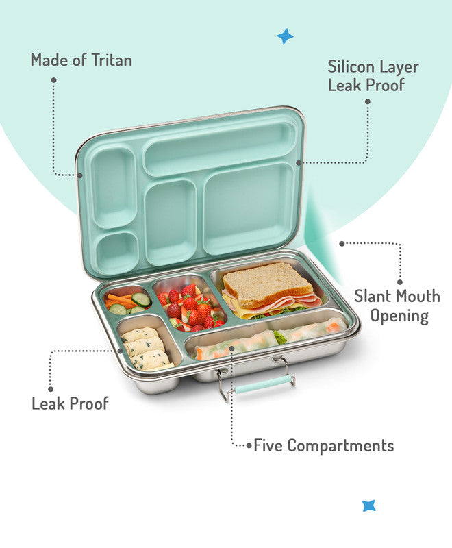 Bonfino Stainless Steel Bento Lunch Box, 5 Compartments, Food Grade, BPA Free, Leak Resistant, 26x18.5x5cm, 895mL, 3 Years+ - Green