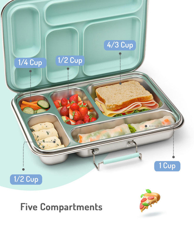 Bonfino Stainless Steel Bento Lunch Box, 5 Compartments, Food Grade, BPA Free, Leak Resistant, 26x18.5x5cm, 895mL, 3 Years+ - Green