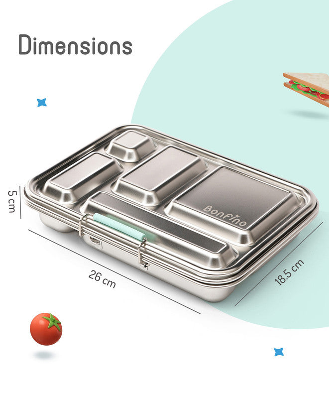 Bonfino Stainless Steel Bento Lunch Box, 5 Compartments, Food Grade, BPA Free, Leak Resistant, 26x18.5x5cm, 895mL, 3 Years+ - Green