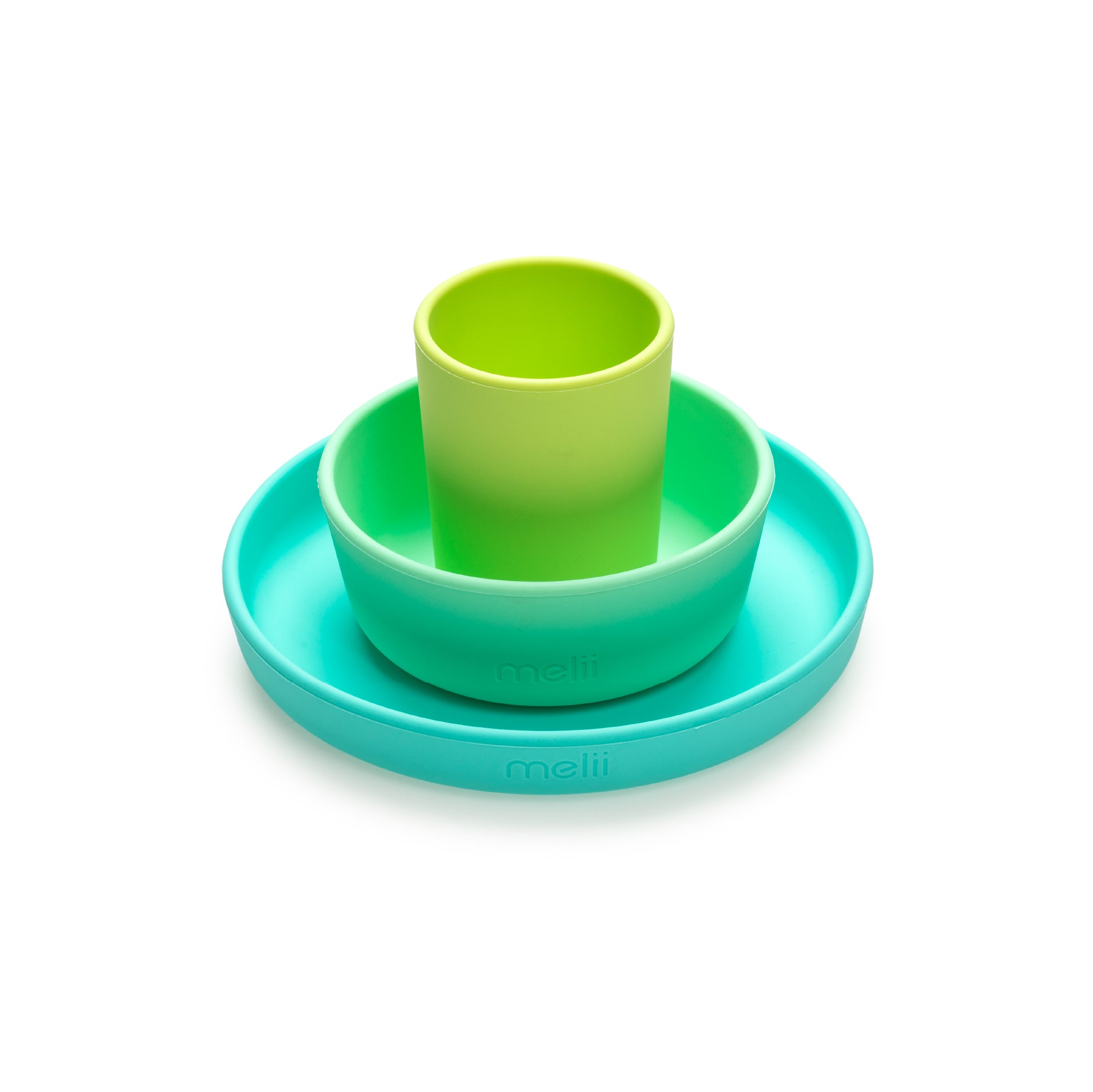melii-3-piece-silicone-feeding-set-plate-bowl-cup-blue-lime-mint