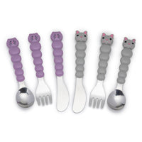melii Colorful Animal Spoon & Fork Sets for Kids - Encourages Independent Feeding and Fine Motor Skills - BPA-Free, Dishwasher Safe - Purple Cat & Grey Bulldog (6 Pcs)_3