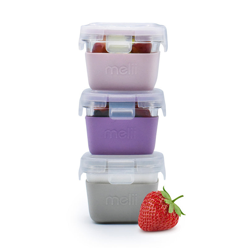 Melii Glass Food Storage Containers with Silicone Sleeve 160 ml Pack of 3 - Pink, Purple, Grey