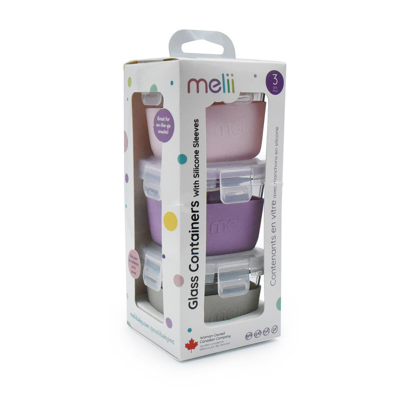 Melii Glass Food Storage Containers with Silicone Sleeve 160 ml Pack of 3 - Pink, Purple, Grey