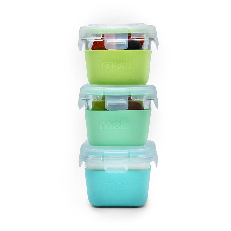 Melii Glass Food Storage Containers with Silicone Sleeve 160 ml Pack of 3 - Green, Mint, Turquoise