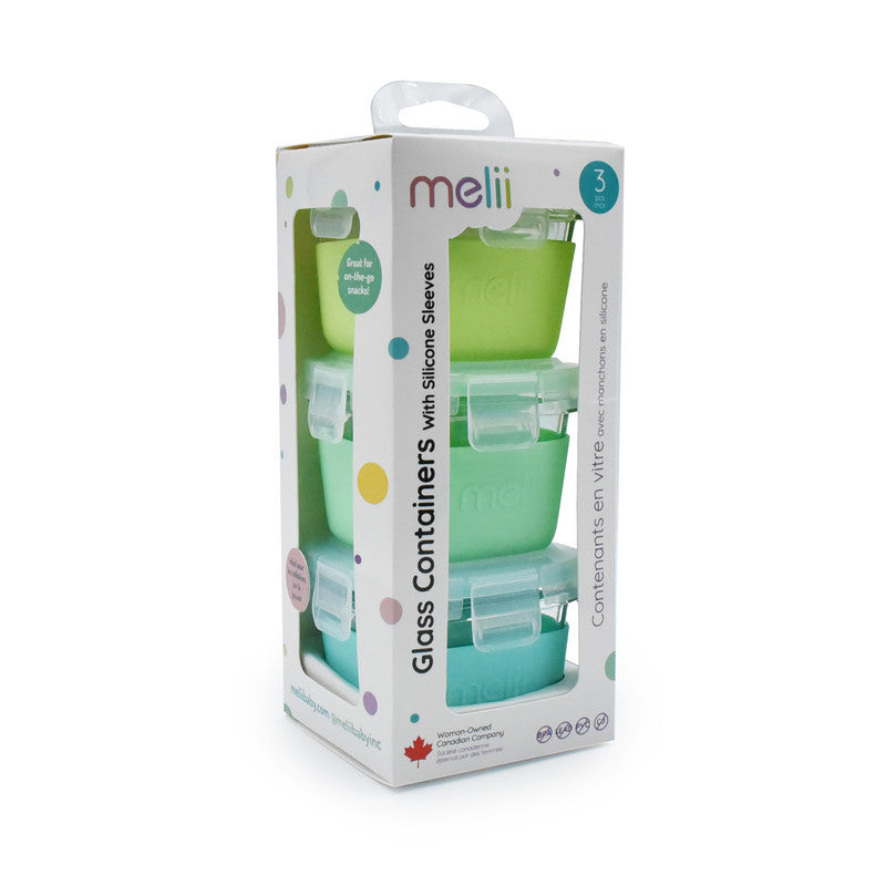 Melii Glass Food Storage Containers with Silicone Sleeve 160 ml Pack of 3 - Green, Mint, Turquoise