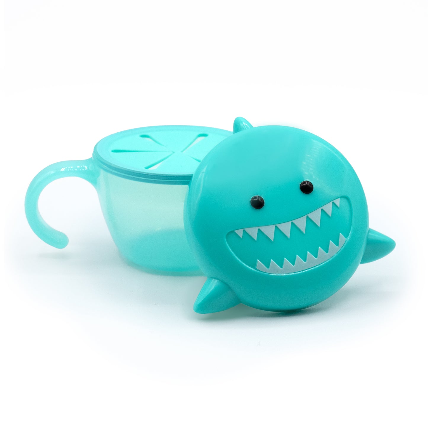 melii Snack Container for Kids - Turquoise Shark Design Mess Free, Adaptable, and Easy to Hold with Removable Finger Trap - Perfect for Independent Snacking, Travel - BPA Free and Dishwasher Safe