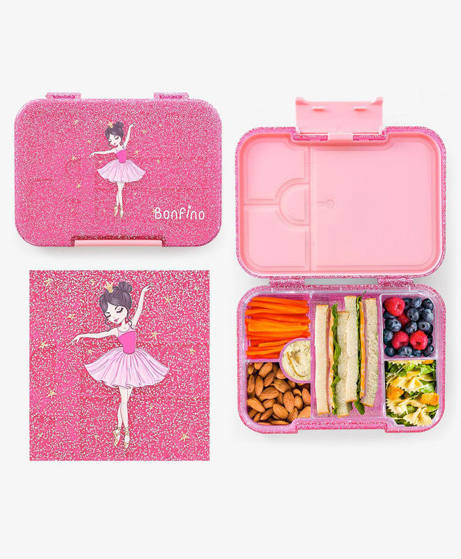 Bonfino Ballerina ABS Bento Lunch Box, BPA Free, Microwave Safe Removable Tray, 6 Adjustable Compartments, Leak Resistant, Lightweight, 3 Years+, 22x15.5x5cm, 1L - Pink