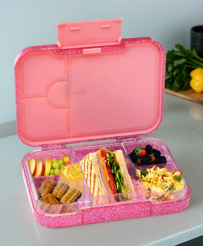 Bonfino Ballerina ABS Bento Lunch Box, BPA Free, Microwave Safe Removable Tray, 6 Adjustable Compartments, Leak Resistant, Lightweight, 3 Years+, 22x15.5x5cm, 1L - Pink