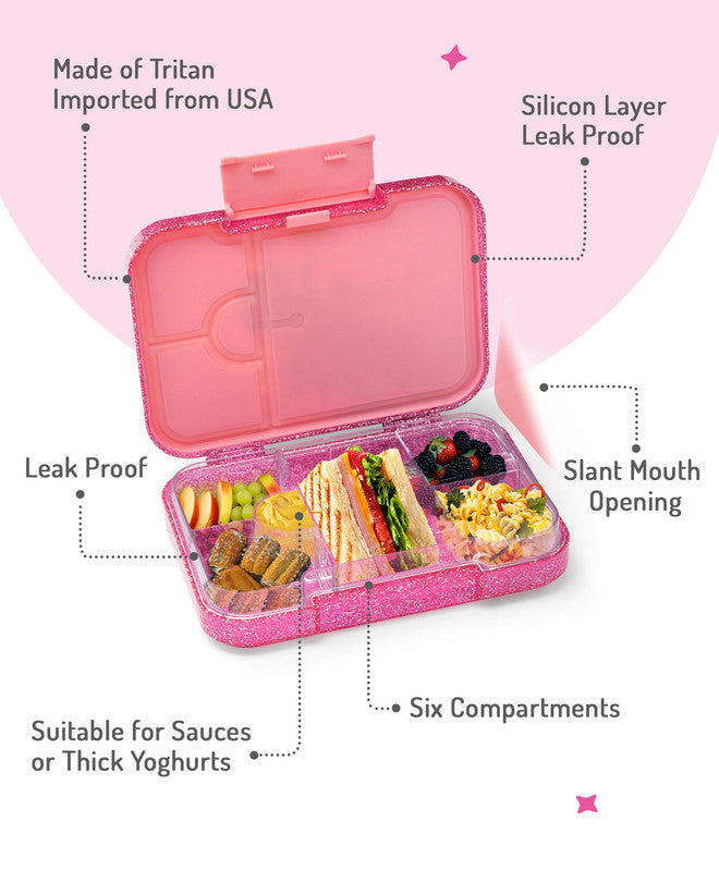 Bonfino Ballerina ABS Bento Lunch Box, BPA Free, Microwave Safe Removable Tray, 6 Adjustable Compartments, Leak Resistant, Lightweight, 3 Years+, 22x15.5x5cm, 1L - Pink