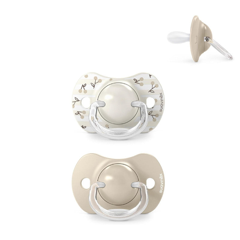 Suavinex, Pack of 2 Pacifiers for Babies 0/6 Months and Newborns, with Silicone Physiological Teat SX Pro Symmetrical, Flat and Flexible, Respects Oral Development, Birdies Beige