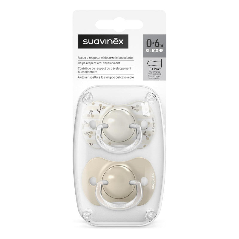Suavinex, Pack of 2 Pacifiers for Babies 0/6 Months and Newborns, with Silicone Physiological Teat SX Pro Symmetrical, Flat and Flexible, Respects Oral Development, Birdies Beige
