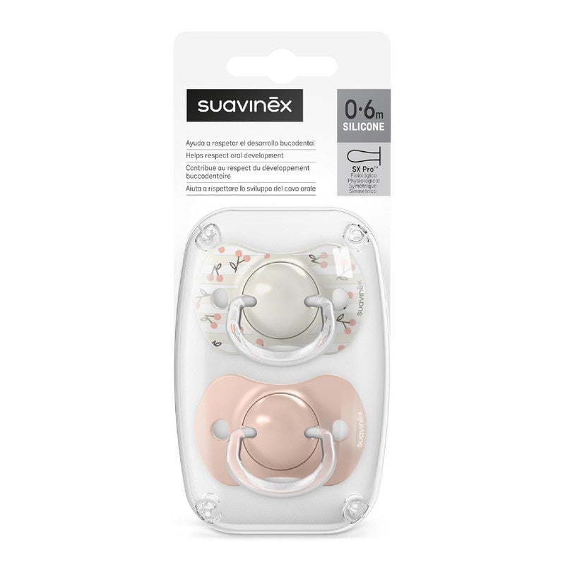 Suavinex, Pack of 2 Pacifiers for Babies 0/6 Months and Newborns, with Silicone Physiological Teat SX Pro Symmetrical, Flat and Flexible, Respects Oral Development, Birdies Pink