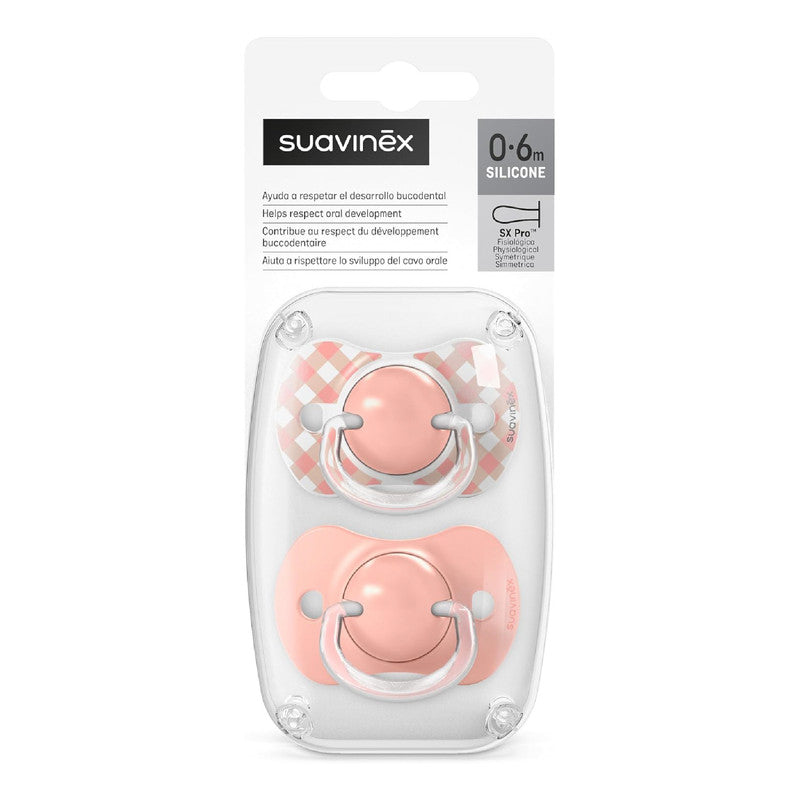 Suavinex, Pack of 2 Pacifiers for Babies 0/6 Months and Newborns, with Silicone Physiological Teat SX Pro Symmetrical, Flat and Flexible, Respects Oral Development, Wild&Free Pink