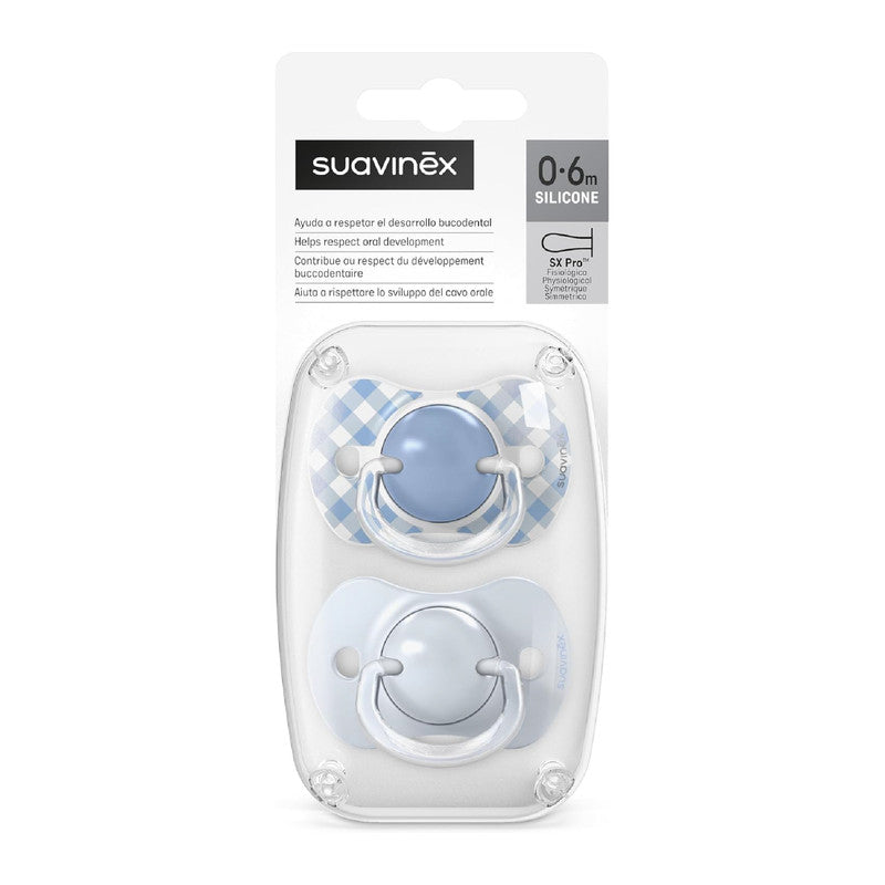 Suavinex, Pack of 2 Pacifiers for Babies 0/6 Months and Newborns, with Silicone Physiological Teat SX Pro Symmetrical, Flat and Flexible, Respects Oral Development, Wild&Free Blue