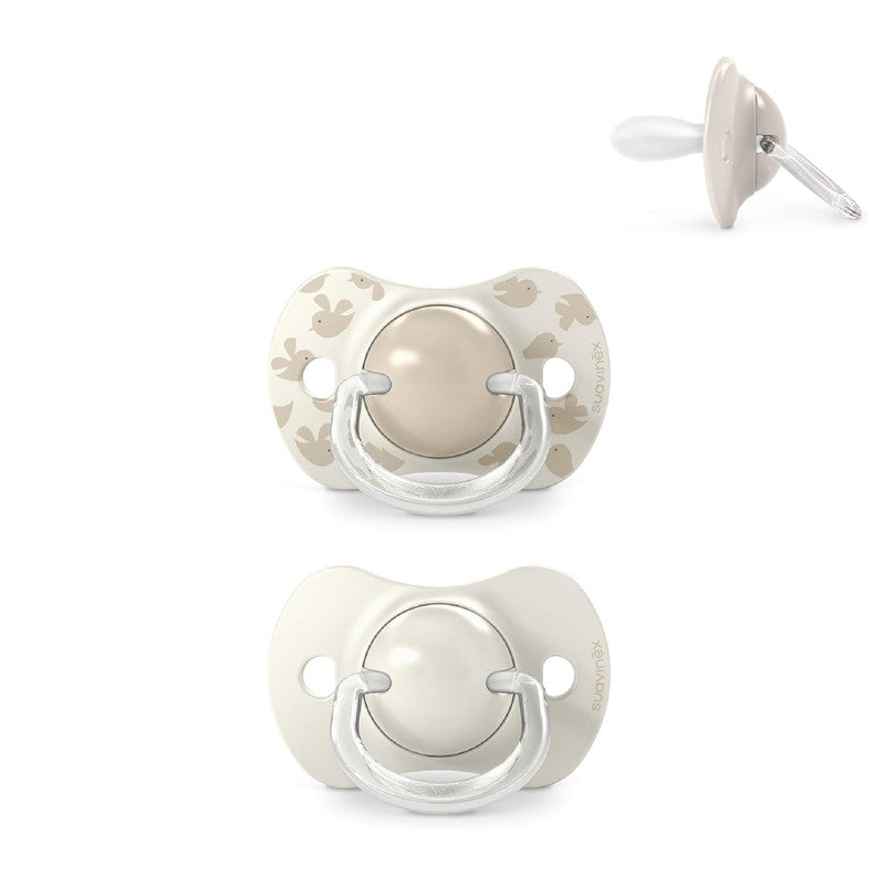 Suavinex, Pack of 2 Pacifiers for Babies 6/18 Months, with Physiological Silicone Teat SX Pro Symmetrical, Flat and Flexible, Respects Oral Development, Birdies Beige