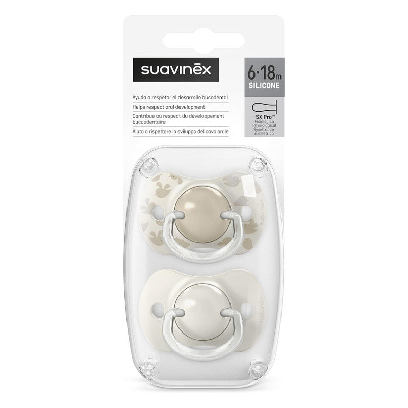 Suavinex, Pack of 2 Pacifiers for Babies 6/18 Months, with Physiological Silicone Teat SX Pro Symmetrical, Flat and Flexible, Respects Oral Development, Birdies Beige