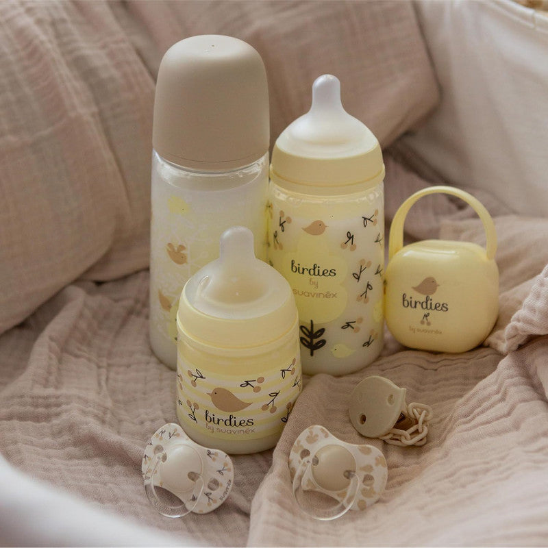 Suavinex, Pack of 2 Pacifiers for Babies 6/18 Months, with Physiological Silicone Teat SX Pro Symmetrical, Flat and Flexible, Respects Oral Development, Birdies Beige